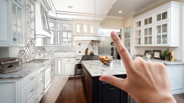 Hands pointing to innovative kitchen design concept blending drawing with photorealistic representation