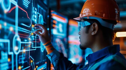 A worker interacts with a futuristic digital interface, showcasing advanced technology in a modern industrial setting.