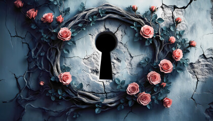 Surreal keyhole with rose vine frame on cracked wall surface