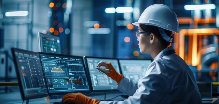 A technician in a hard hat operates multiple screens displaying data and graphs in a high-tech industrial environment.