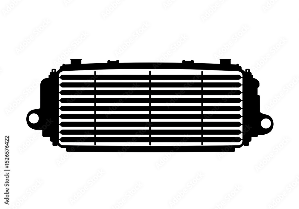 Poster a black and white illustration of a rectangular shaped intercooler with horizontal fins design eleme