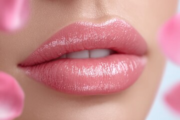 Fototapeta premium Close-up of luscious lips with a glossy finish, accentuated by the soft focus petals adding a touch of romance and delicate beauty.