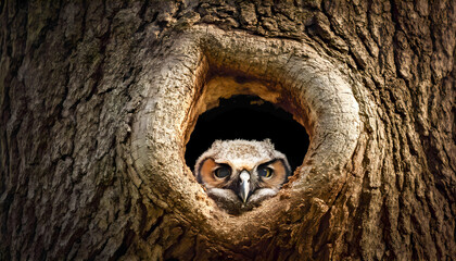 Young owl peeking out of tree nest during daytime in forest