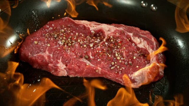 Super Slow Motion of Flying Raw Beef Steak on Pan. Filmed on High Speed Cinema Camera, 1000 fps.