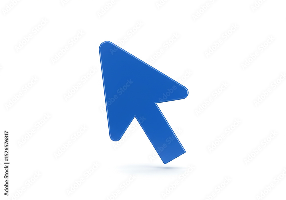 Poster a blue cursor arrow pointing upwards on a plain white background in a digital rendering style