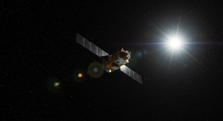 Satellite orbiting in space with sunlight shining brightly  