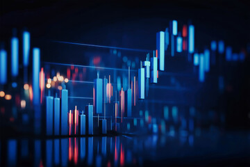 Stock market financial chart features blue candlesticks on a dar