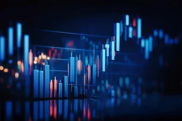 Fototapete Stock market financial chart features blue candlesticks on a dar © Anoo