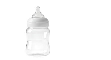 A Translucent Baby Bottle Standing Upright in Front of a Black Backdrop