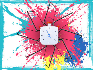 A unique clock design bursts with vibrant colors and playful shapes, showcasing a blend of artistic expression and timekeeping functionality, perfect for modern decor.