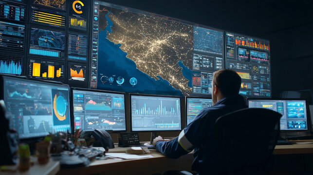 A man is sitting in front of a computer monitor with a map of the world on it - Powered by Adobe