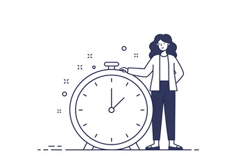 A woman stands next to a large clock with her hand on the clock button in a simple line drawing