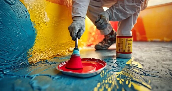 Worker painting a blue wall with a roller while wearing protective gear. It is a close-up shot featuring a focus on the painting process