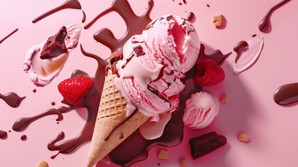 Image of pink ice cream scoops covered in chocolate in a classic waffle cone on a soft pastel pink background.