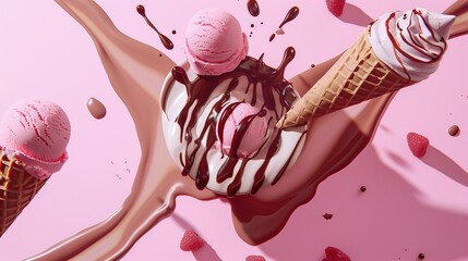 Image of pink ice cream scoops covered in chocolate in a classic waffle cone on a soft pastel pink background.