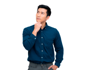 Thoughtful man contemplating ideas in casual blue shirt