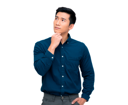 Thoughtful man contemplating ideas in casual blue shirt