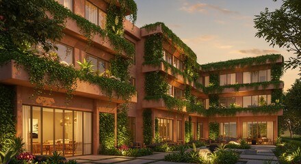 Naklejka premium Verdant hotel facade at dusk