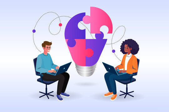 A diverse team collaborates on laptops, combining puzzle pieces to form an idea lightbulb. This concept symbolizes innovation, brainstorming, and finding creative business solutions.