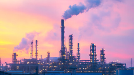 Obraz premium A serene view of an oil and gas plant at sunset, with steam gently rising against a pastel sky. The mix of nature and industry creates a sense of balance, life, and continuous energy flow.