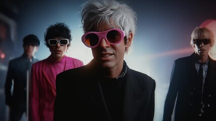 Stylized boy band group in tinted sunglasses and retro suits posing cool