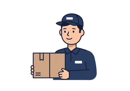 Delivery man in uniform holding a cardboard box with a smile on a white background illustration