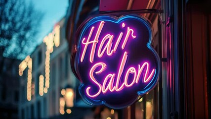 Neon Hair Salon Sign Shines Brightly on a City Street at Night Captivating Visual