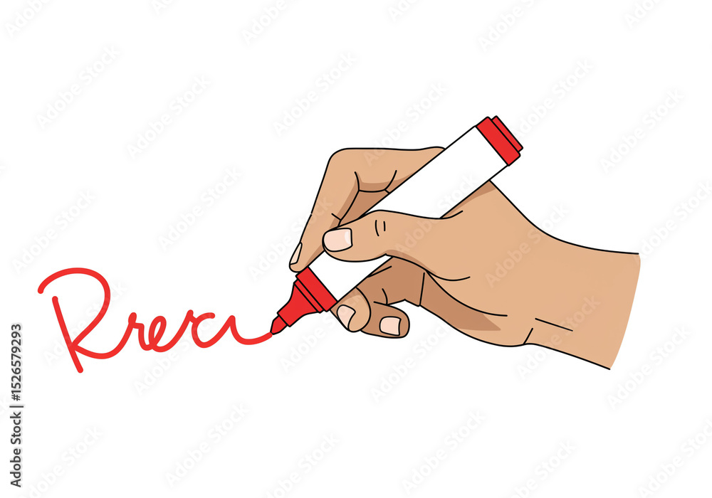 Poster a hand holding a red marker writing on a white surface with the cap removed from the marker tip