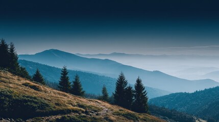 Serene Mountain Landscape with Trees in Foreground and Sunset Over Hills