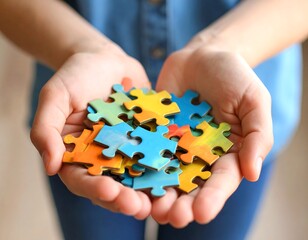 Hands holding colorful puzzle pieces
