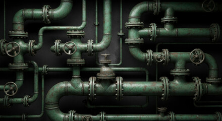 Obraz premium Complex network of aged industrial pipes with valves and flanges on a dark background