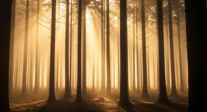 Golden sunbeams illuminating a misty forest with tall tree trunks at sunrise