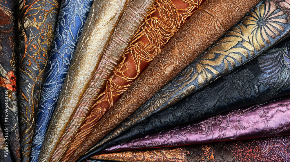 Poster richly textured fabrics in various colors and patterns. luxurious textiles showcasing elegant design