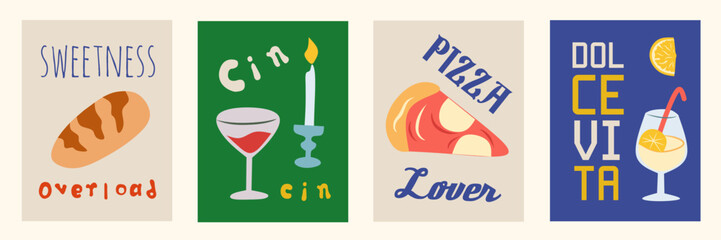 Hand drawn la dolce vita doodles. Vintage wall art with wine, lemon, pizza. Minimalist background. Set of Italian food concept vector illustration for invitations, printables, social media, poster.
