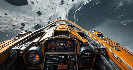 An orange spacecraft cockpit interior is shown in an abstract space environment with asteroids, nebulae and galaxy background - Powered by Adobe
