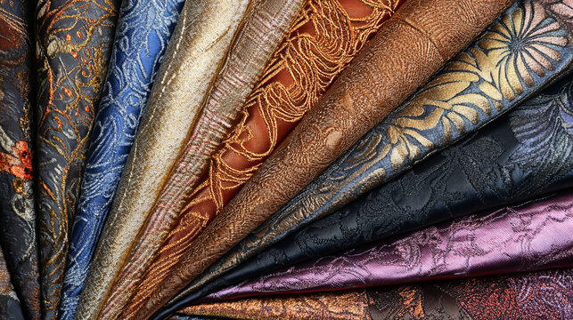 Richly textured fabrics in various colors and patterns. Luxurious textiles showcasing elegant designs for fashion and decor.
