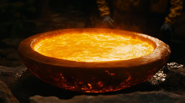 A close-up shot captures molten lava. The vibrant orange glows in darkness.