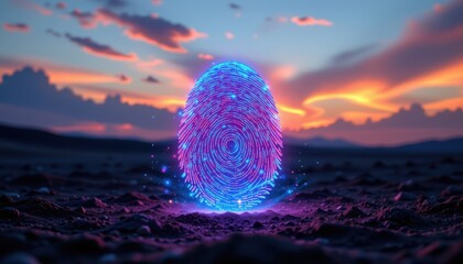 hyper realistic artwork of a fingerprint id glowing in neon tones, set at the bottom of the image against a bright dawn sky, ample copy space available at the top for photo use.