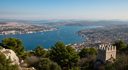 Fototapeta premium Cityscape View of Bosphorus Strait From Hill with Tower