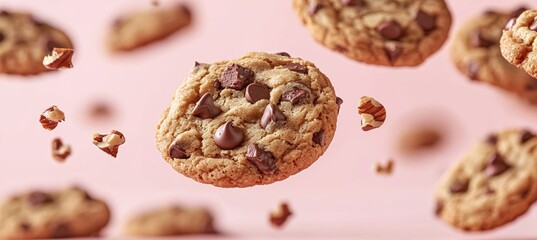 Chocolate chip cookies floating above soft pink background in midair