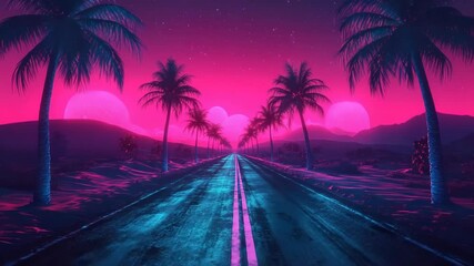 Retro futuristic highway with palm trees and neon lights in a vintage 80s style - Powered by Adobe