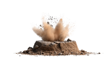 Explosive Eruption: A dramatic display of power, captured in a photorealistic explosion of dust and debris. Evoking a sense of raw energy and dynamic force.