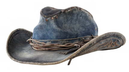 Showing a worn denim cowboy hat with leather band and stitching details, resting on a transparent background, capturing the essence of the wild west