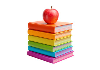Colorful books stacked with red apple on top back to school, On Transparent Background