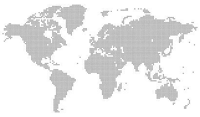 Dotted vector world map made with tiny circles to build a pixelated globe. Dotted world map aesthetic balances design and function for universal dotted world map relevance
