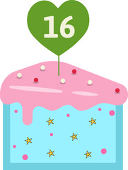 Vector illustration of birthday and anniversary cupcake with number 16 candle heart greetings card or invitation with pastel colors