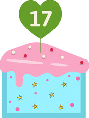 Vector illustration of birthday and anniversary cupcake with number 17 candle heart greetings card or invitation with pastel colors