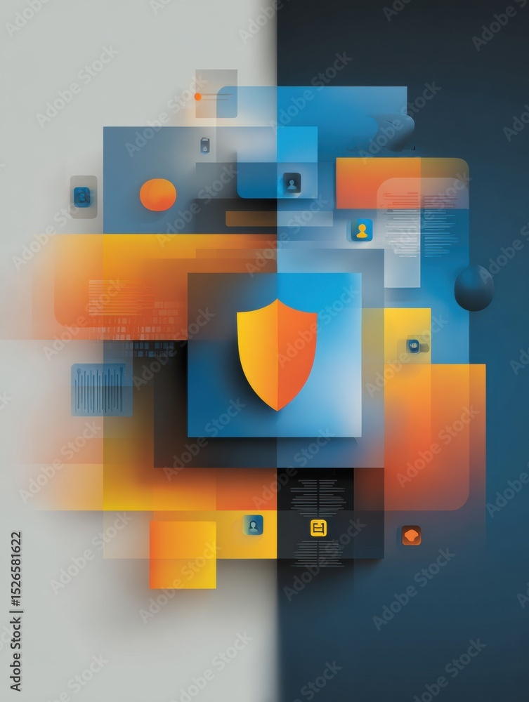 Poster data privacy infographic showcasing protection layers with shield icons and user symbols in modern s