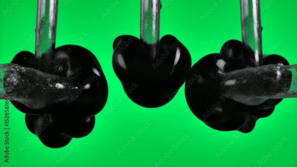Poster ink drops merging dynamically, generating fluid abstract shapes on vivid green chroma key, revealing