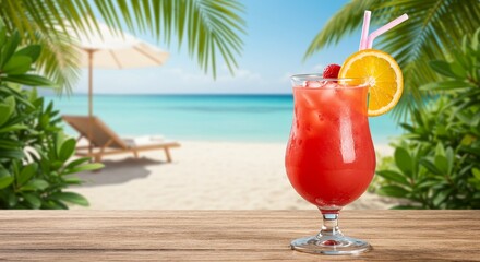 Tropical cocktail on wooden table with beach background and palm trees  